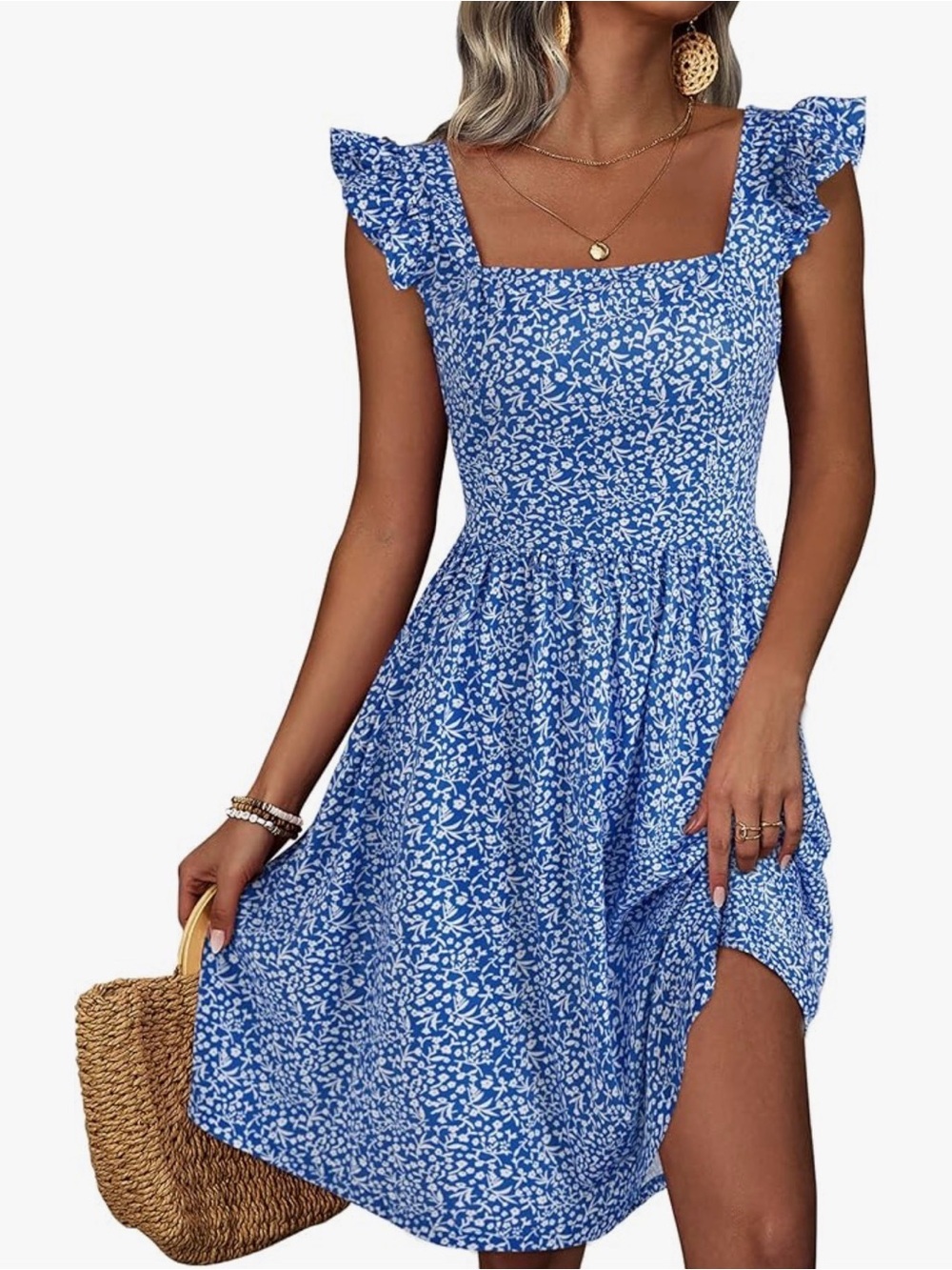 Blue Floral Square-Neck Sundress